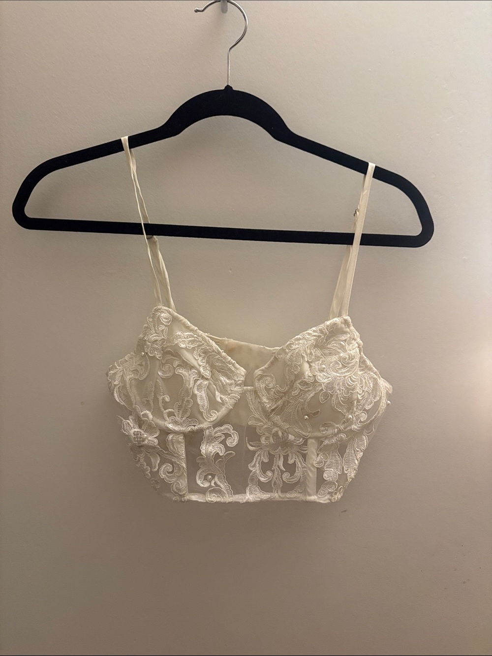 Cream Lace Embroidered Bustier Crop Top